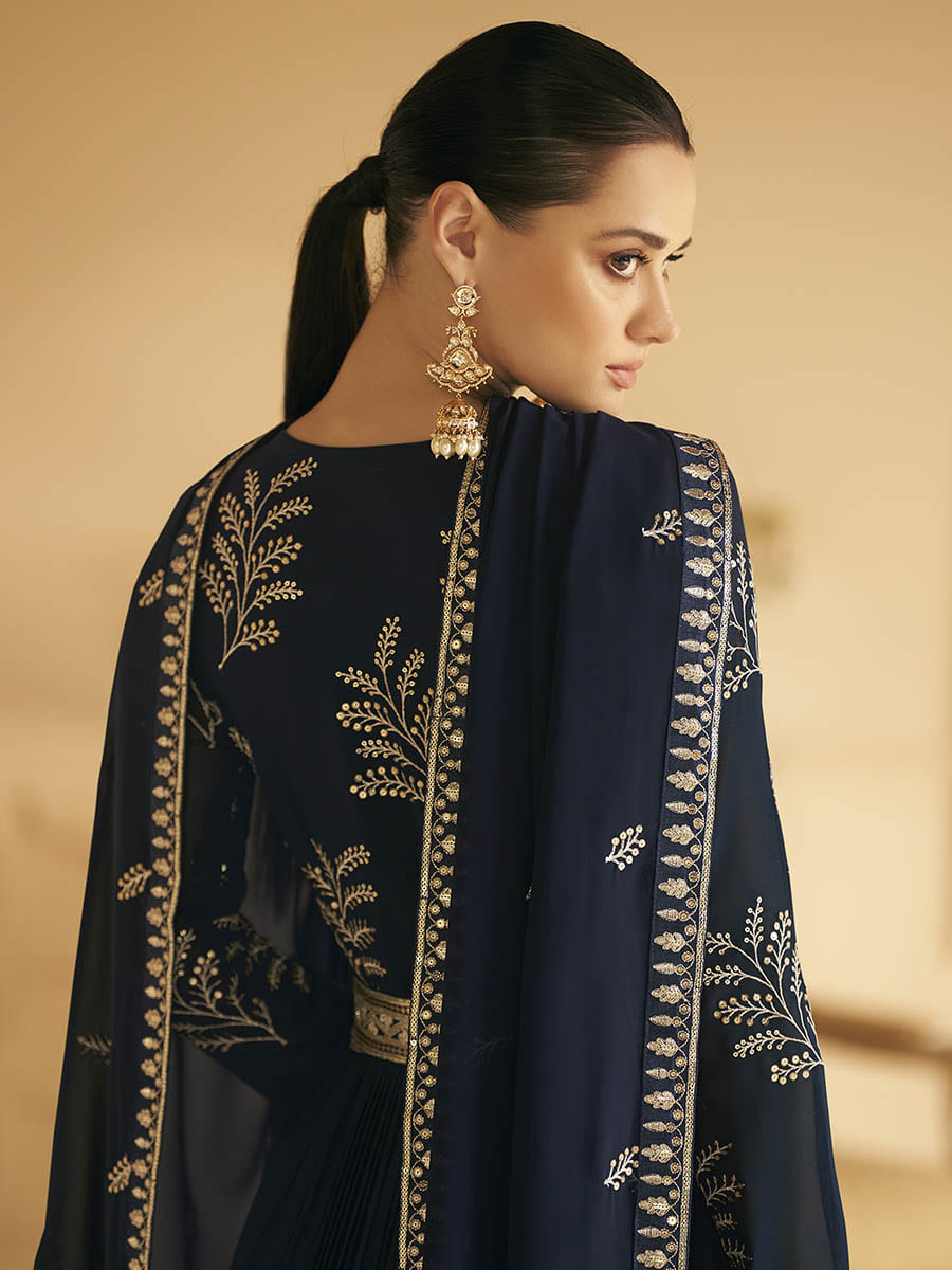 Myra Navy Blue Georgette Embroidered Designer Suit | Grocsy