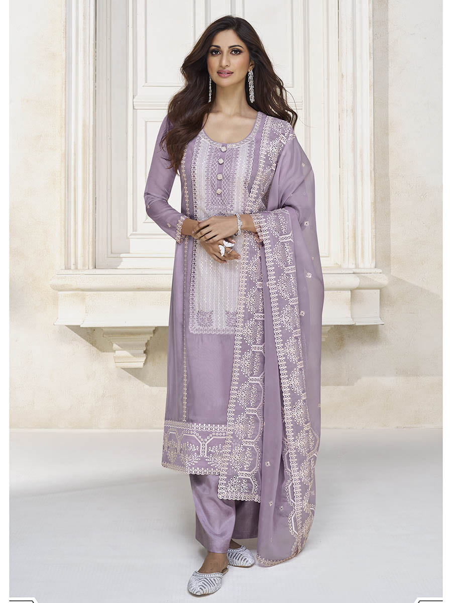 Myra Pastel Purple Organza Silk Embroidered Pant Style Suit | Grocsy