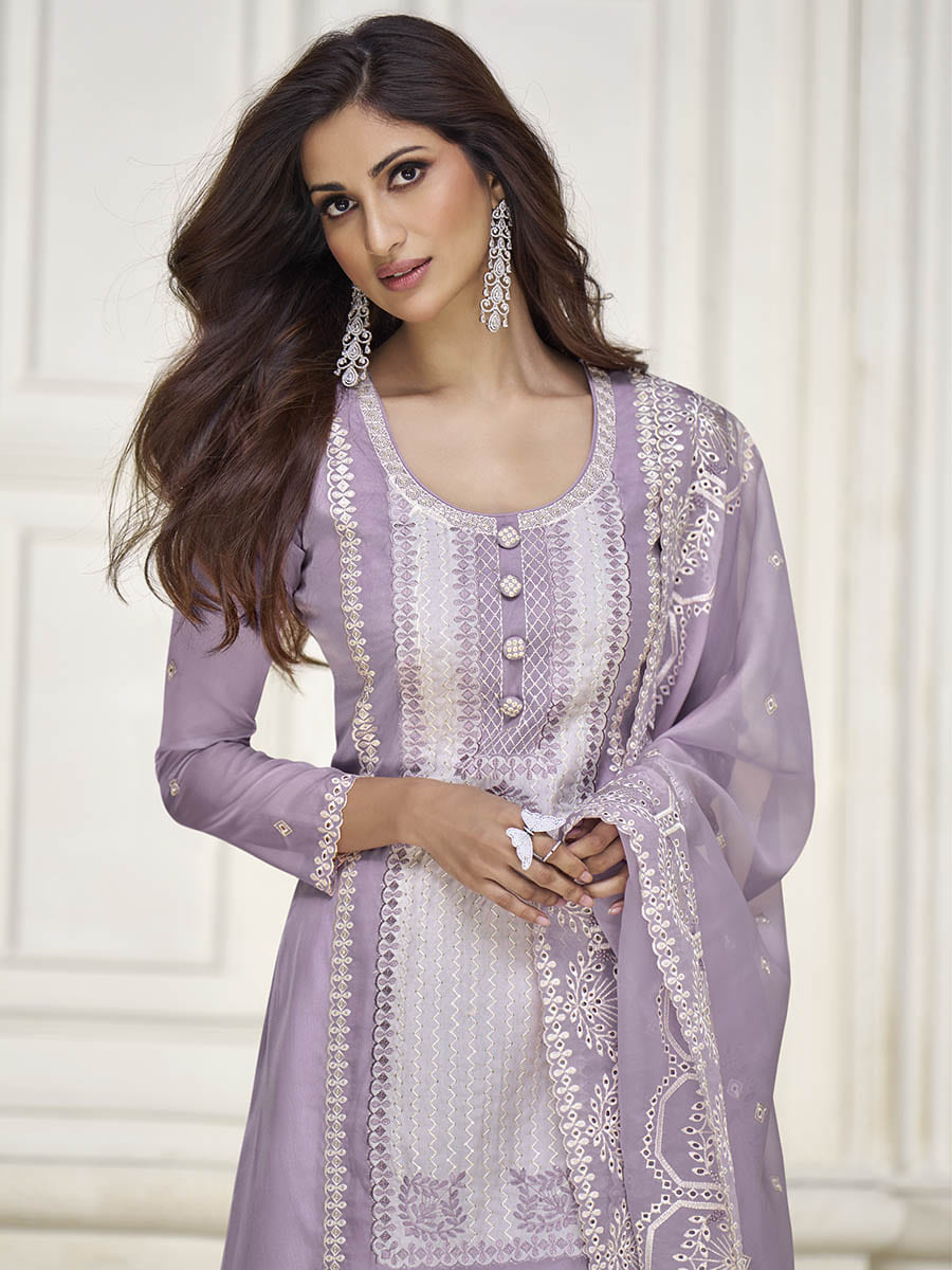 Myra Pastel Purple Organza Silk Embroidered Pant Style Suit | Grocsy