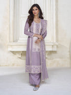 Myra Pastel Purple Organza Silk Embroidered Pant Style Suit | Grocsy