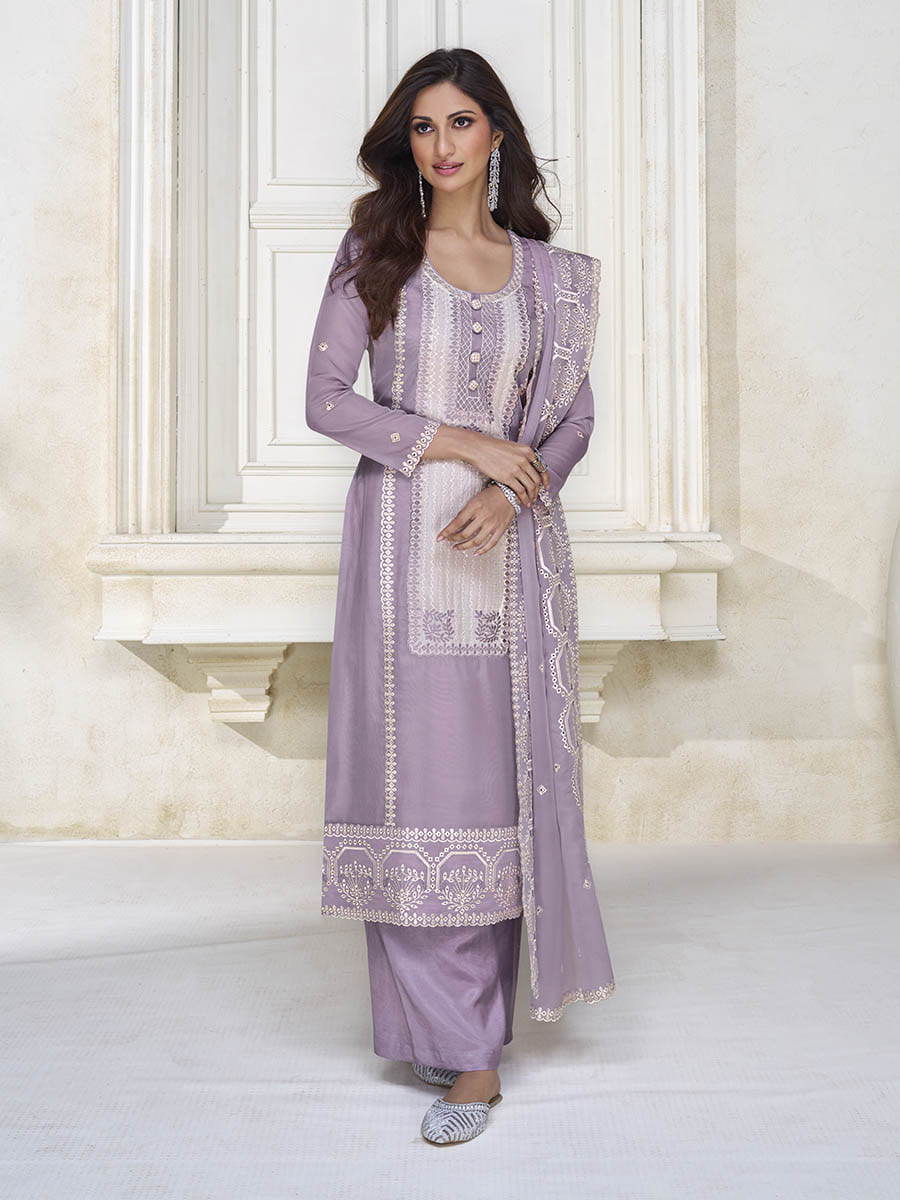 Myra Pastel Purple Organza Silk Embroidered Pant Style Suit | Grocsy