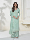 Myra Pastel Sea Green Silk Embroidered Pant Style Suit | Grocsy