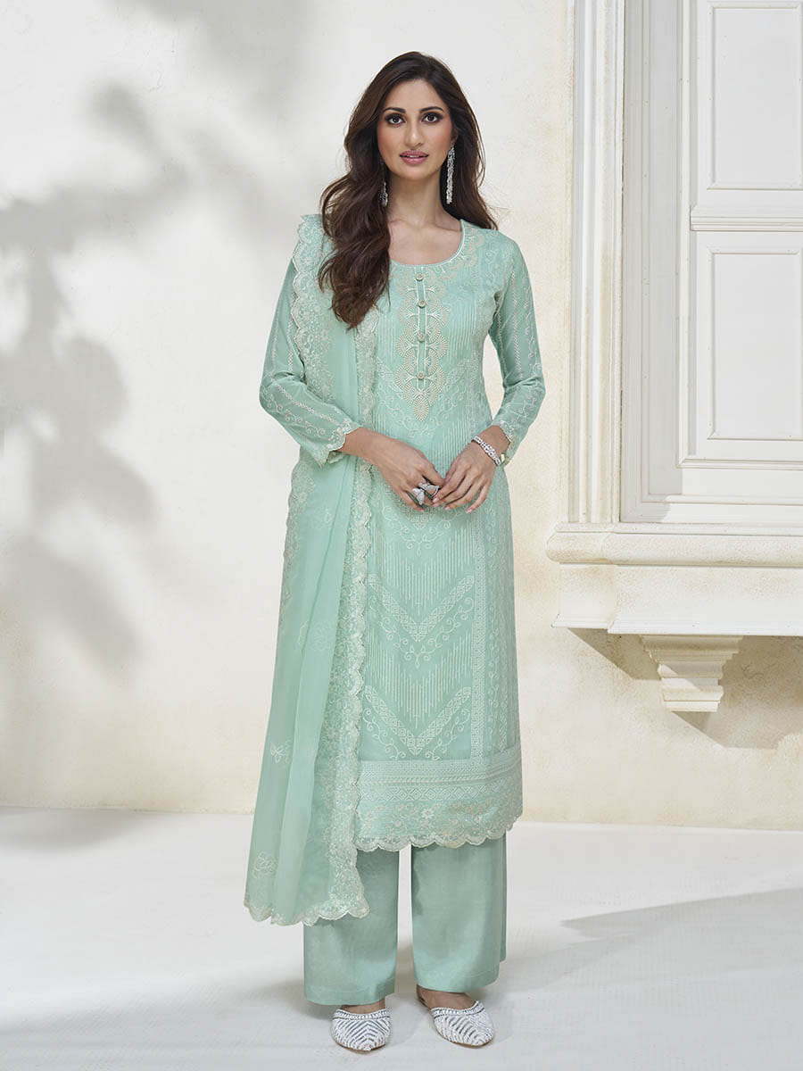 Myra Pastel Sea Green Silk Embroidered Pant Style Suit | Grocsy