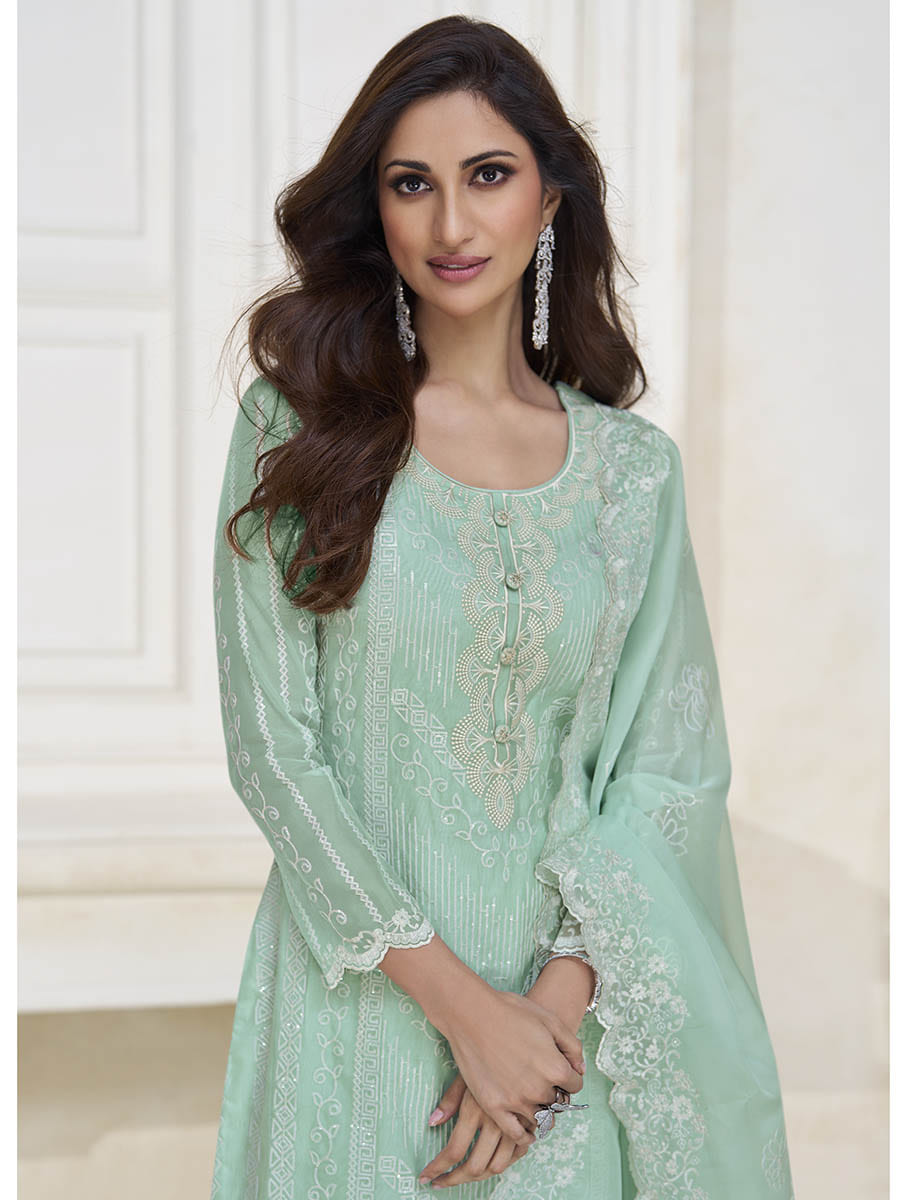 Myra Pastel Sea Green Silk Embroidered Pant Style Suit | Grocsy