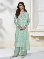 Myra Pastel Sea Green Silk Embroidered Pant Style Suit | Grocsy