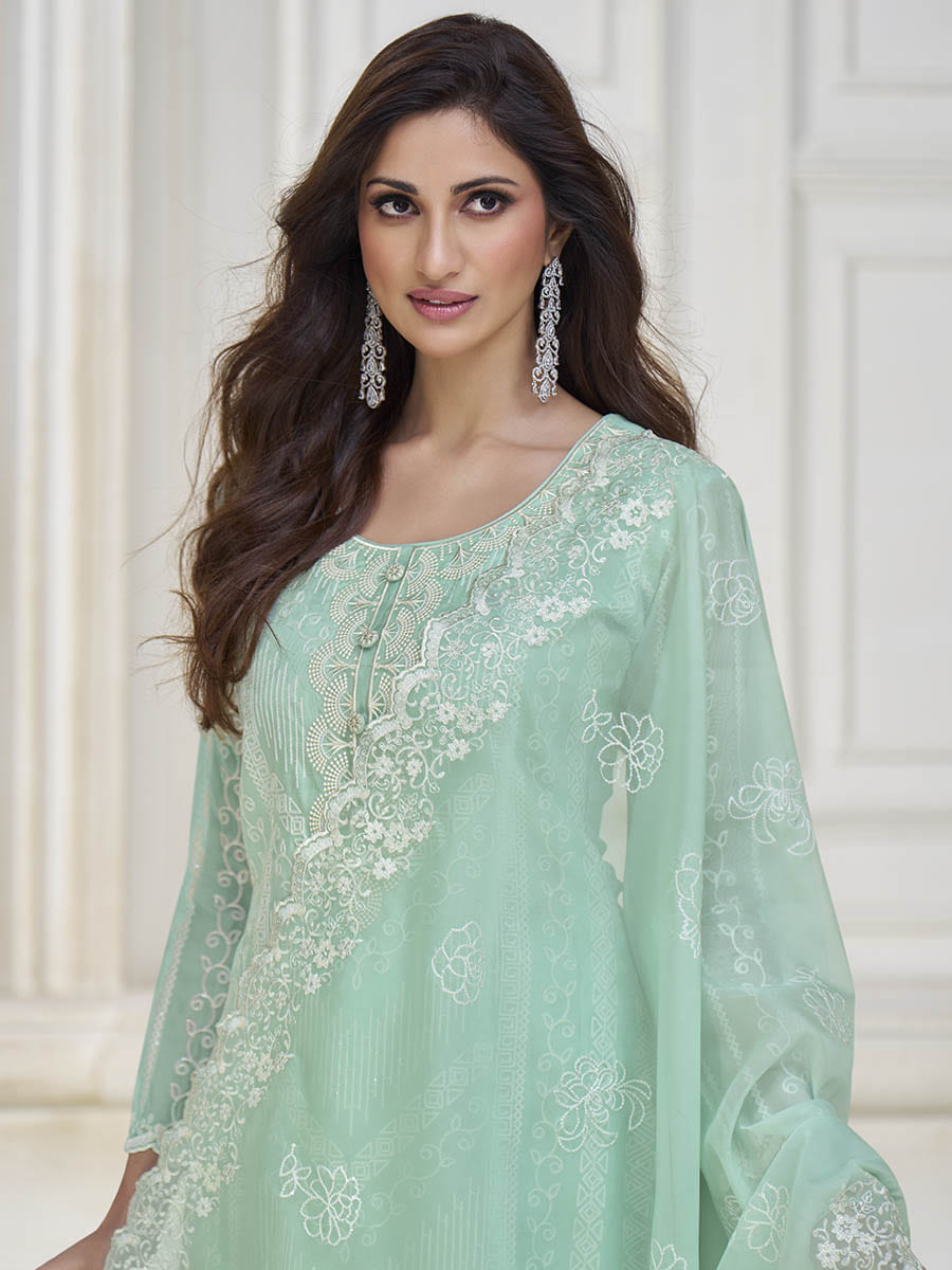 Myra Pastel Sea Green Silk Embroidered Pant Style Suit | Grocsy