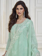 Myra Pastel Sea Green Silk Embroidered Pant Style Suit | Grocsy