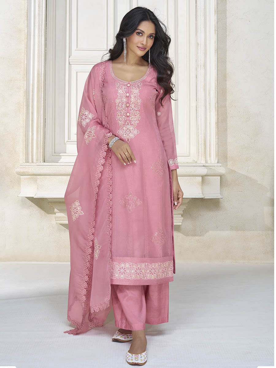 Myra Dusty Pink Organza Silk Embroidered Pant Style Suit | Grocsy