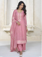 Myra Dusty Pink Organza Silk Embroidered Pant Style Suit | Grocsy