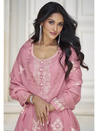 Myra Dusty Pink Organza Silk Embroidered Pant Style Suit | Grocsy