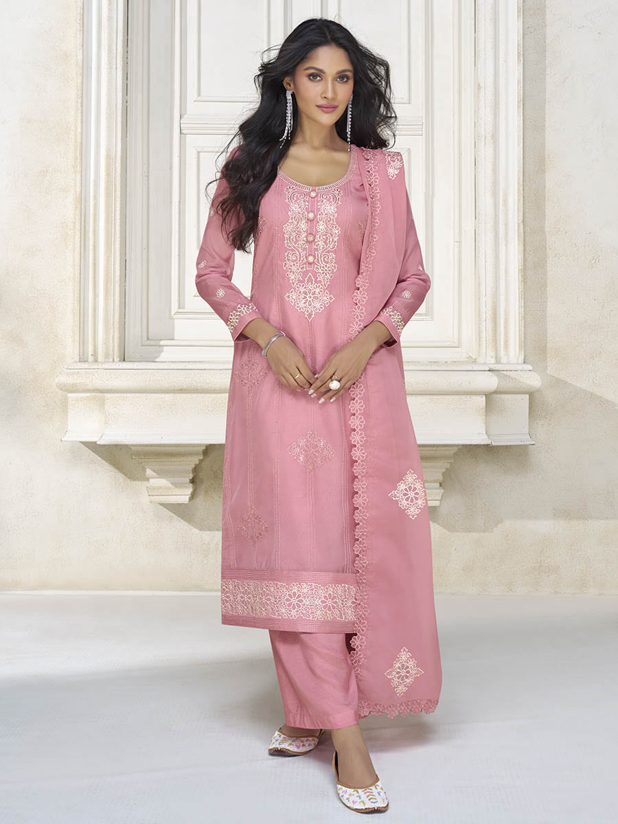 Myra Dusty Pink Organza Silk Embroidered Pant Style Suit | Grocsy
