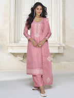 Myra Dusty Pink Organza Silk Embroidered Pant Style Suit | Grocsy