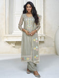 Myra Pastel Grey Organza Silk Embroidered Pant Style Suit | Grocsy