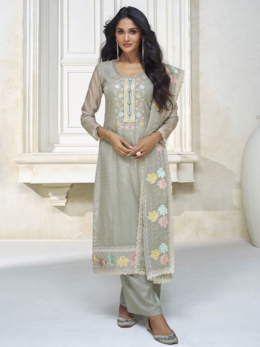 Myra Pastel Grey Organza Silk Embroidered Pant Style Suit | Grocsy