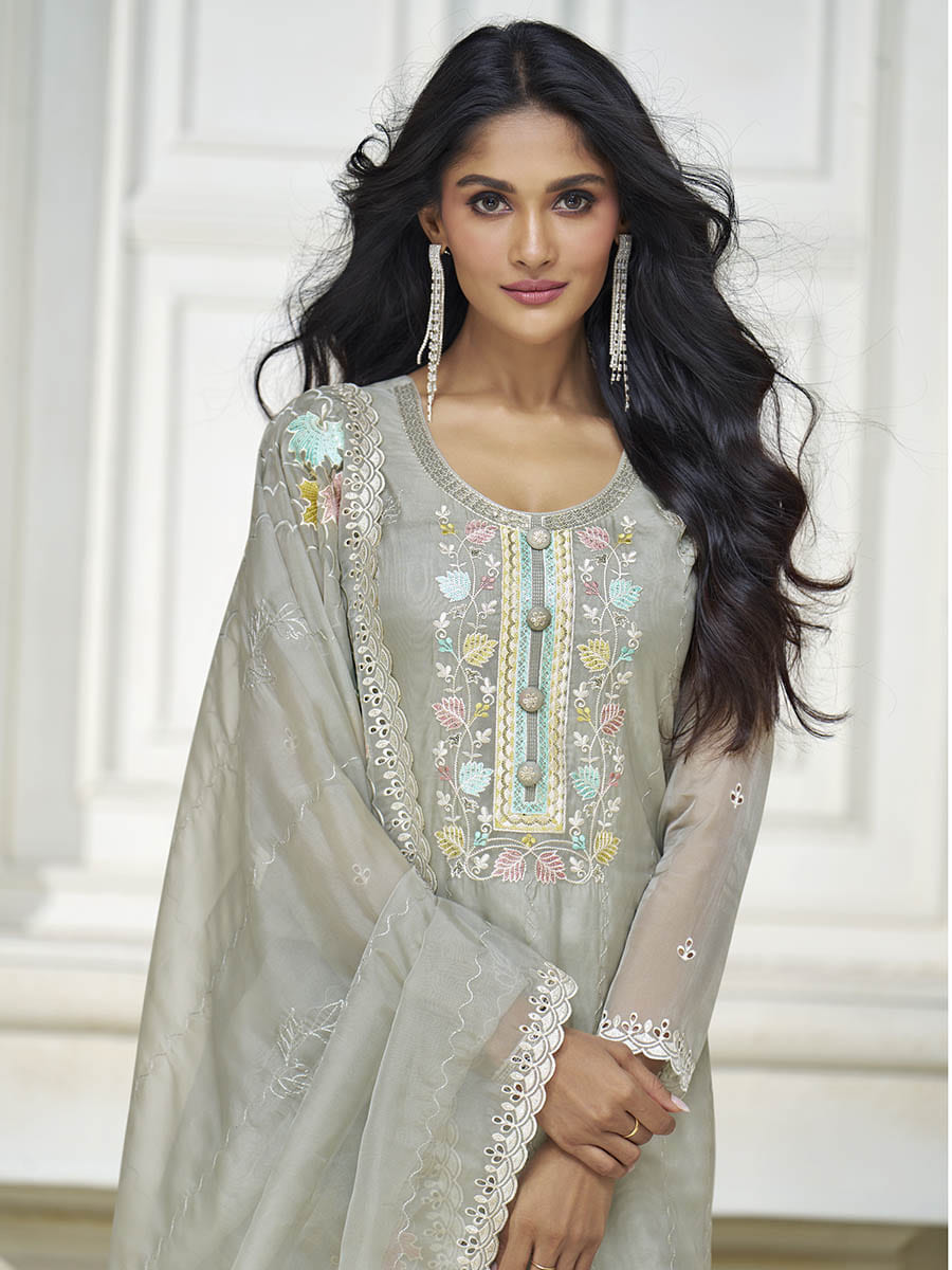 Myra Pastel Grey Organza Silk Embroidered Pant Style Suit | Grocsy