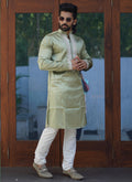 Prazu Fashion Mehendi Shiny Silk Fabulous Coding Work Kurta With Pajama | Grocsy
