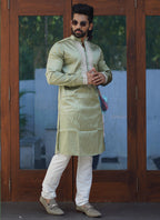 Prazu Fashion Mehendi Shiny Silk Fabulous Coding Work Kurta With Pajama | Grocsy