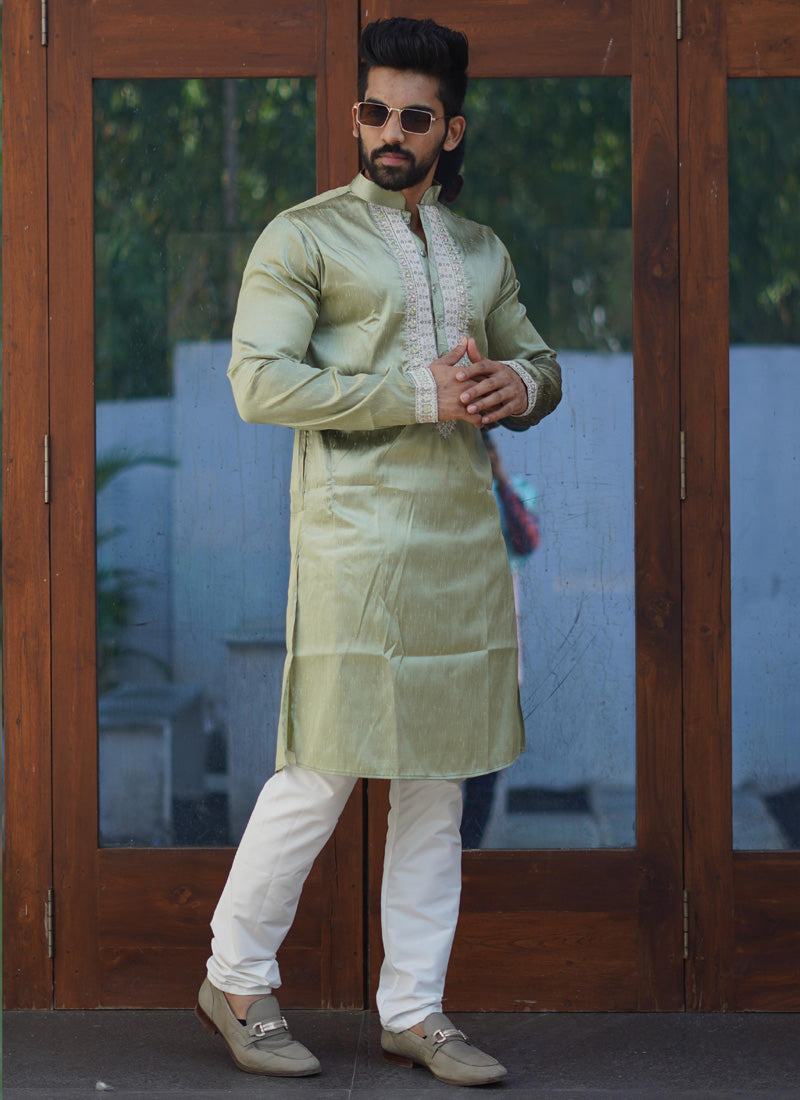 Prazu Fashion Mehendi Shiny Silk Fabulous Coding Work Kurta With Pajama | Grocsy