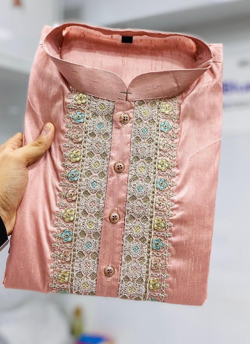 Prazu Fashion Baby Pink Shiny Silk Fabulous Coding Work Kurta With Pajama | Grocsy