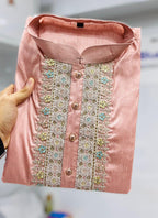 Prazu Fashion Baby Pink Shiny Silk Fabulous Coding Work Kurta With Pajama | Grocsy