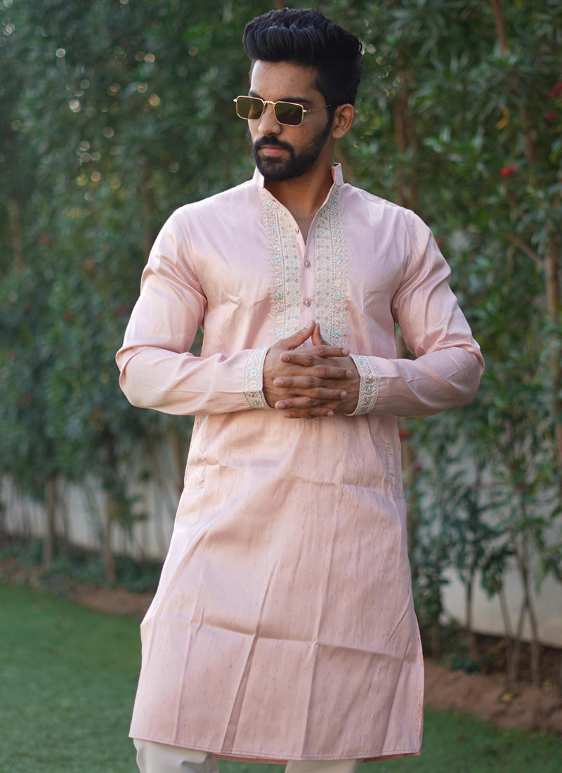 Prazu Fashion Baby Pink Shiny Silk Fabulous Coding Work Kurta With Pajama | Grocsy