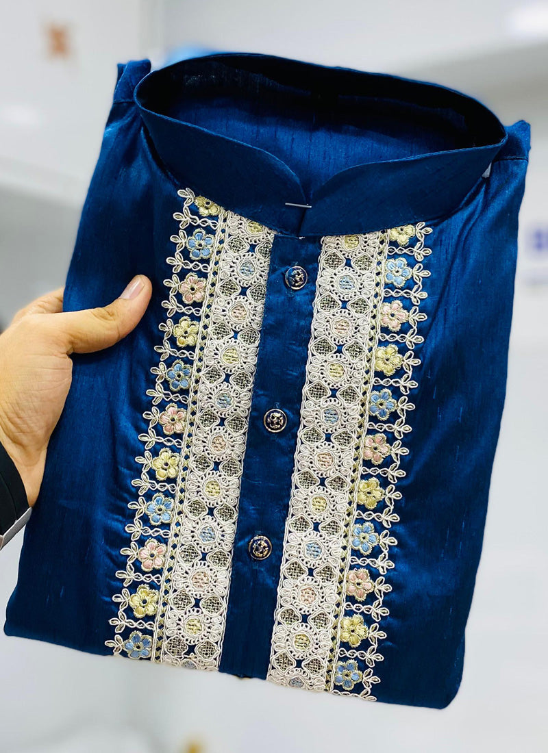 Prazu Fashion Blue Shiny Silk Fabulous Coding Work Kurta With Pajama | Grocsy