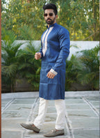 Prazu Fashion Blue Shiny Silk Fabulous Coding Work Kurta With Pajama | Grocsy