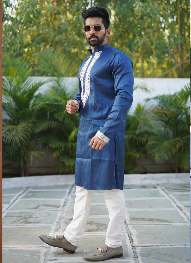 Prazu Fashion Blue Shiny Silk Fabulous Coding Work Kurta With Pajama | Grocsy