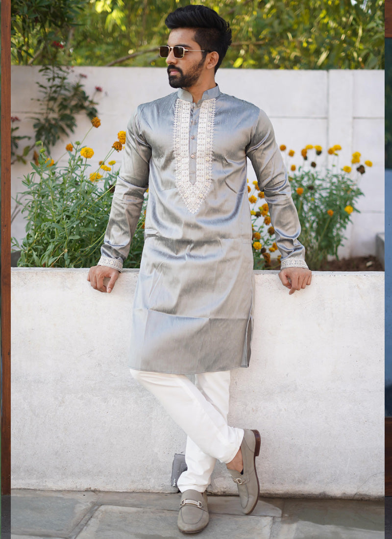 Prazu Fashion Grey Shiny Silk Fabulous Coding Work Kurta With Pajama | Grocsy