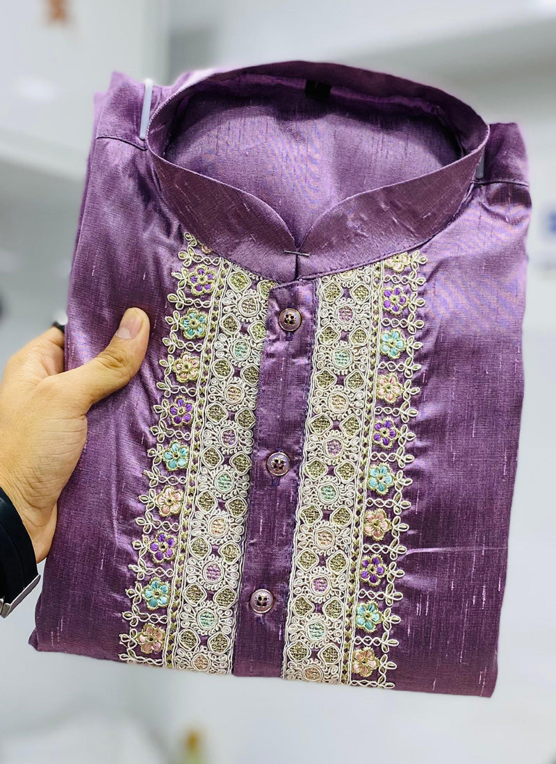 Prazu Fashion Lavender Shiny Silk Fabulous Coding Work Kurta With Pajama | Grocsy