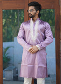 Prazu Fashion Lavender Shiny Silk Fabulous Coding Work Kurta With Pajama | Grocsy
