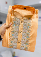 Prazu Fashion Orange Shiny Silk Fabulous Coding Work Kurta With Pajama | Grocsy