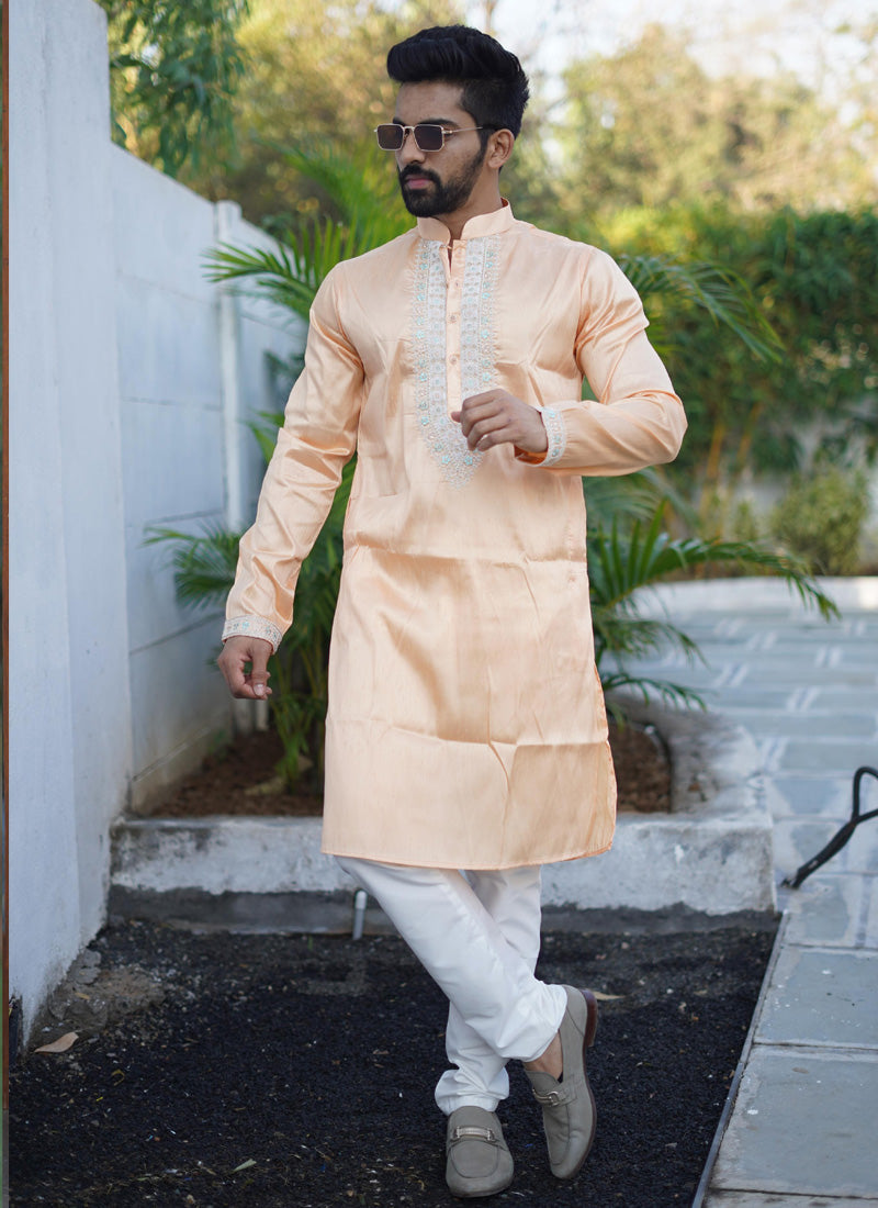 Prazu Fashion Orange Shiny Silk Fabulous Coding Work Kurta With Pajama | Grocsy