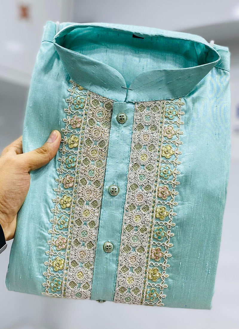Prazu Fashion Sky Blue Shiny Silk Fabulous Coding Work Kurta With Pajama | Grocsy
