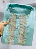 Prazu Fashion Sky Blue Shiny Silk Fabulous Coding Work Kurta With Pajama | Grocsy