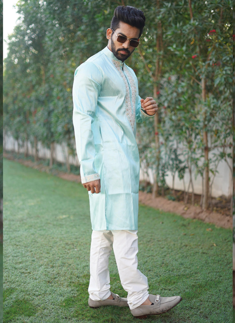 Prazu Fashion Sky Blue Shiny Silk Fabulous Coding Work Kurta With Pajama | Grocsy