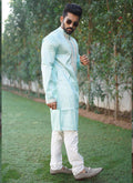 Prazu Fashion Sky Blue Shiny Silk Fabulous Coding Work Kurta With Pajama | Grocsy