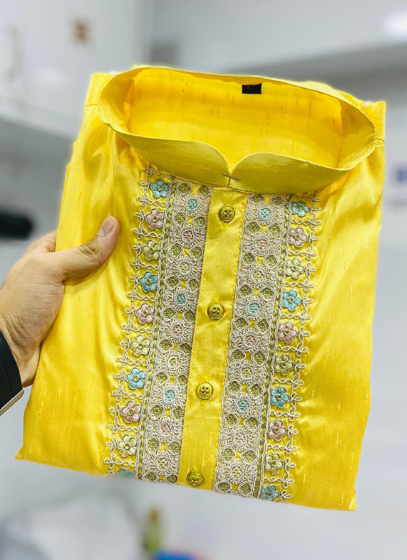 Prazu Fashion Yellow Shiny Silk Fabulous Coding Work Kurta With Pajama | Grocsy