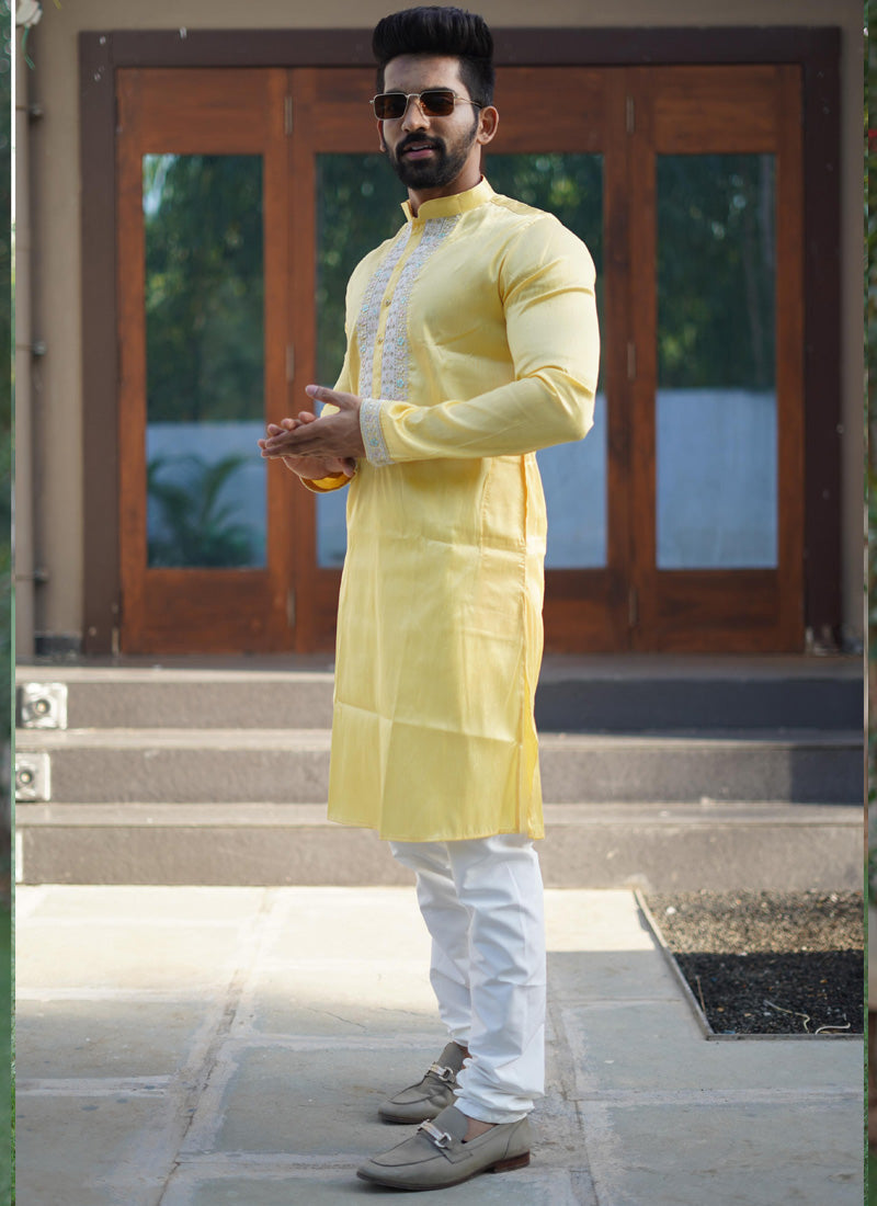 Prazu Fashion Yellow Shiny Silk Fabulous Coding Work Kurta With Pajama | Grocsy