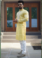 Prazu Fashion Yellow Shiny Silk Fabulous Coding Work Kurta With Pajama | Grocsy