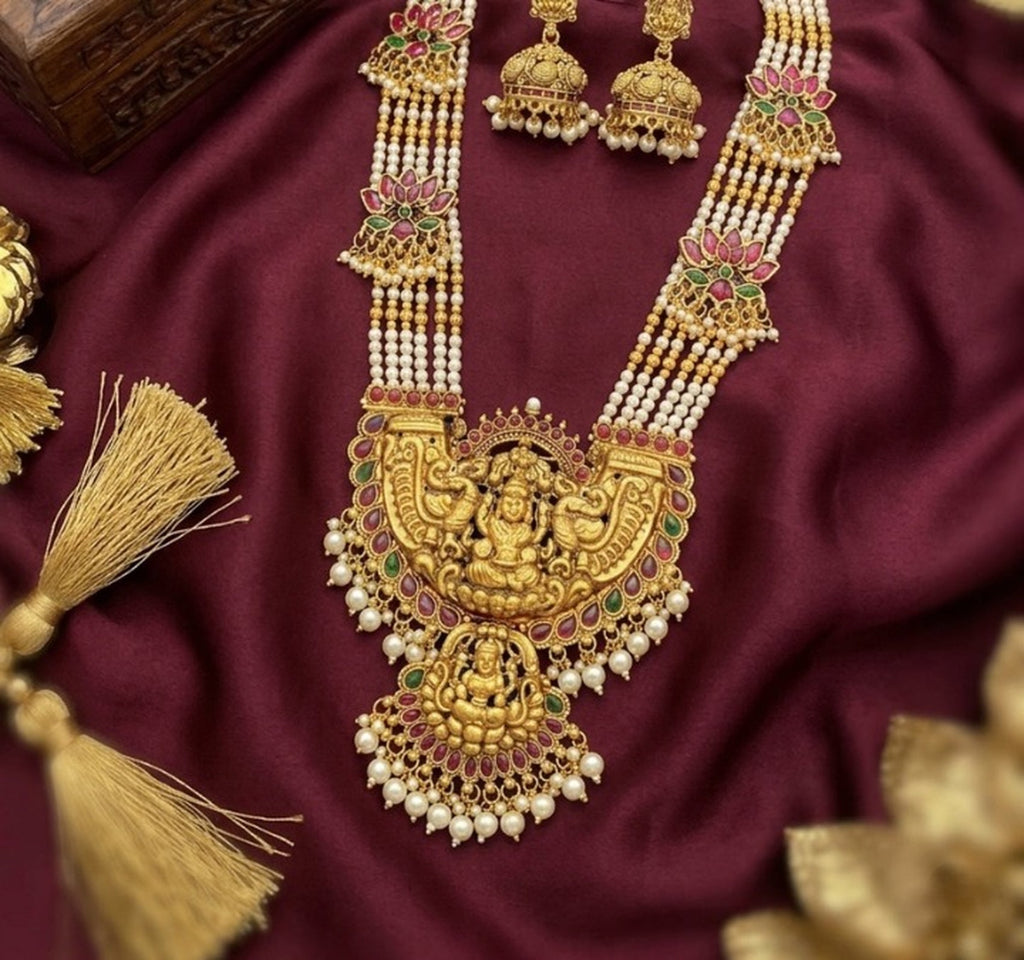 Jewel City Gold Temple Jewelry Set with Long Haram Necklace & Jhumka Earrings | South Indian Bridal Wedding Jewelry | Grocsy
