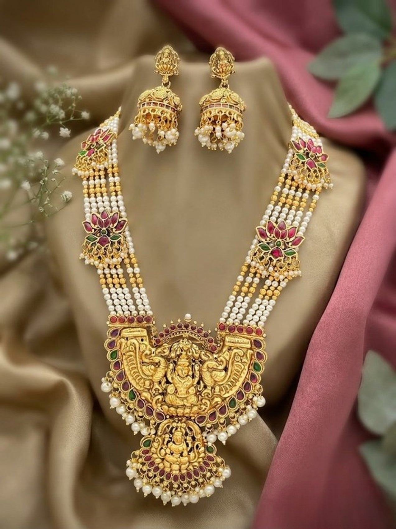 Jewel City Gold Temple Jewelry Set with Long Haram Necklace & Jhumka Earrings | South Indian Bridal Wedding Jewelry | Grocsy