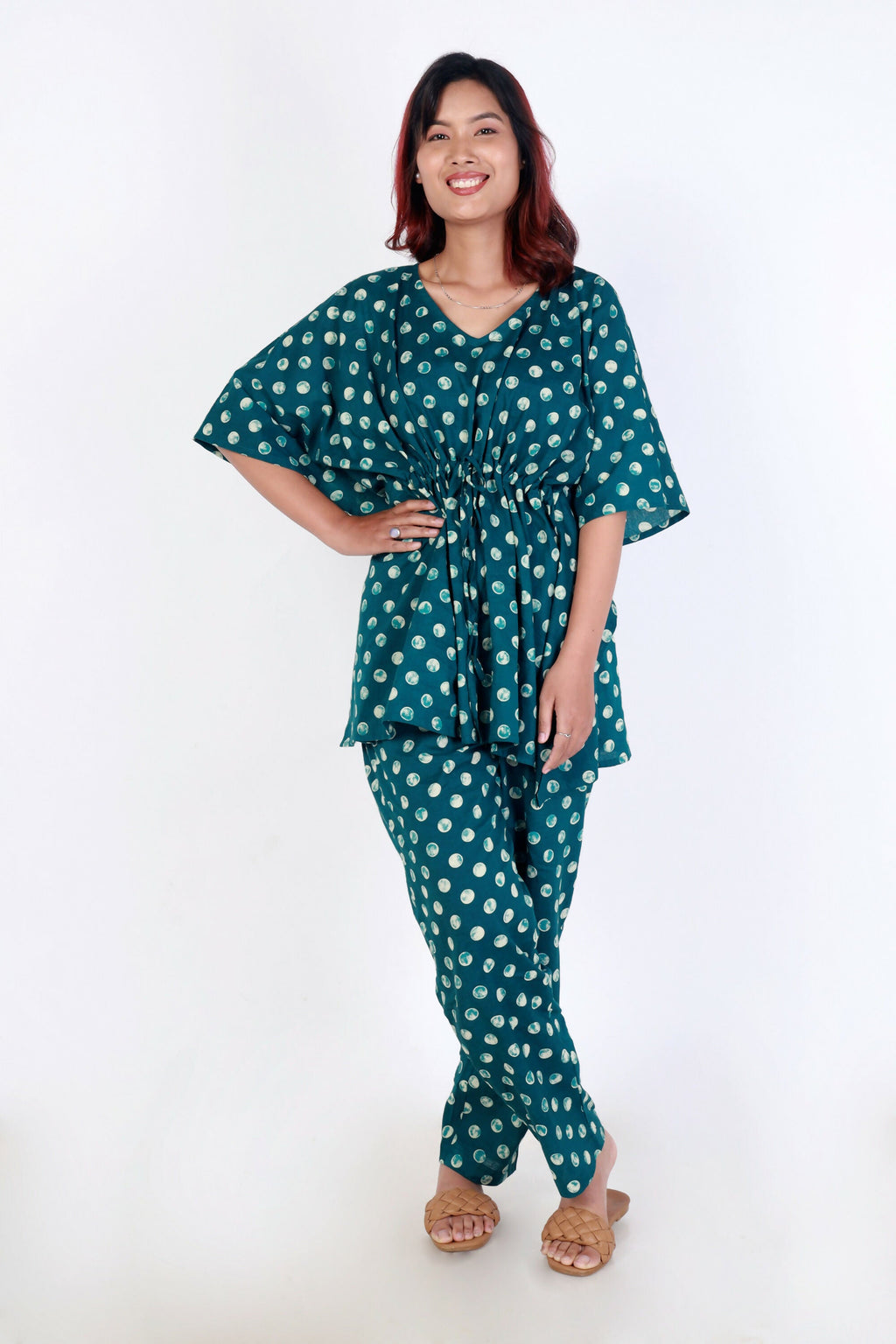 Breathables Green Polka Cotton Kaftan Co-Ord Set | Grocsy