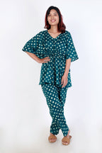 Breathables Green Polka Cotton Kaftan Co-Ord Set | Grocsy