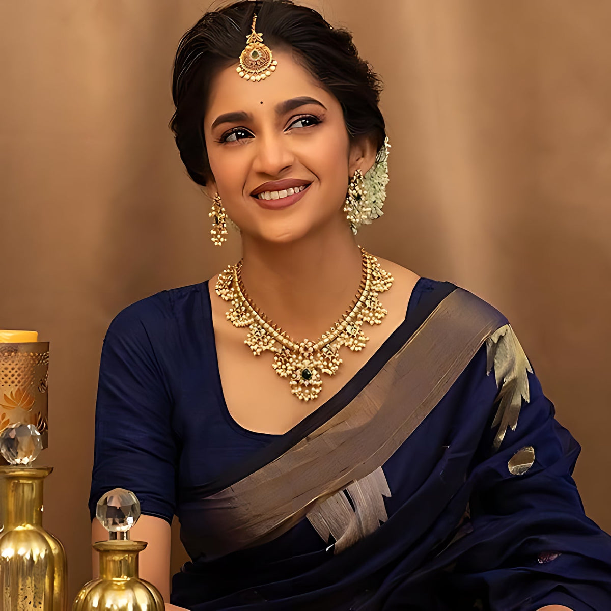 Jewel City Exquisite South Indian-Style Gold-Plated Necklace and Earrings Set with Pearl and Gemstone Accents | Grocsy