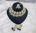 Jewel City Elegant Kundan Pearl Necklace Set with Emerald Green Drops and Matching Tikka | Grocsy