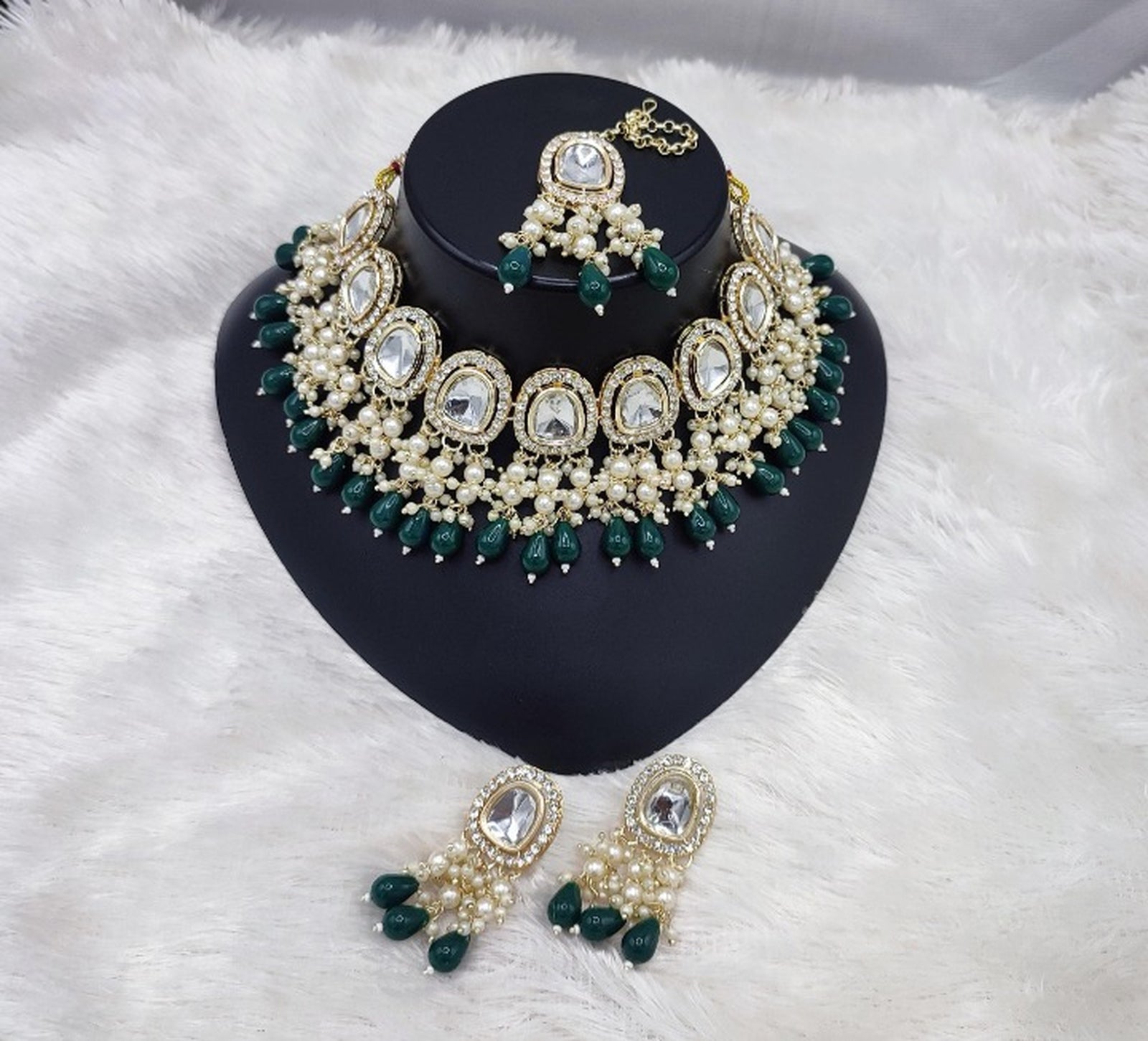 Jewel City Elegant Kundan Pearl Necklace Set with Emerald Green Drops and Matching Tikka | Grocsy