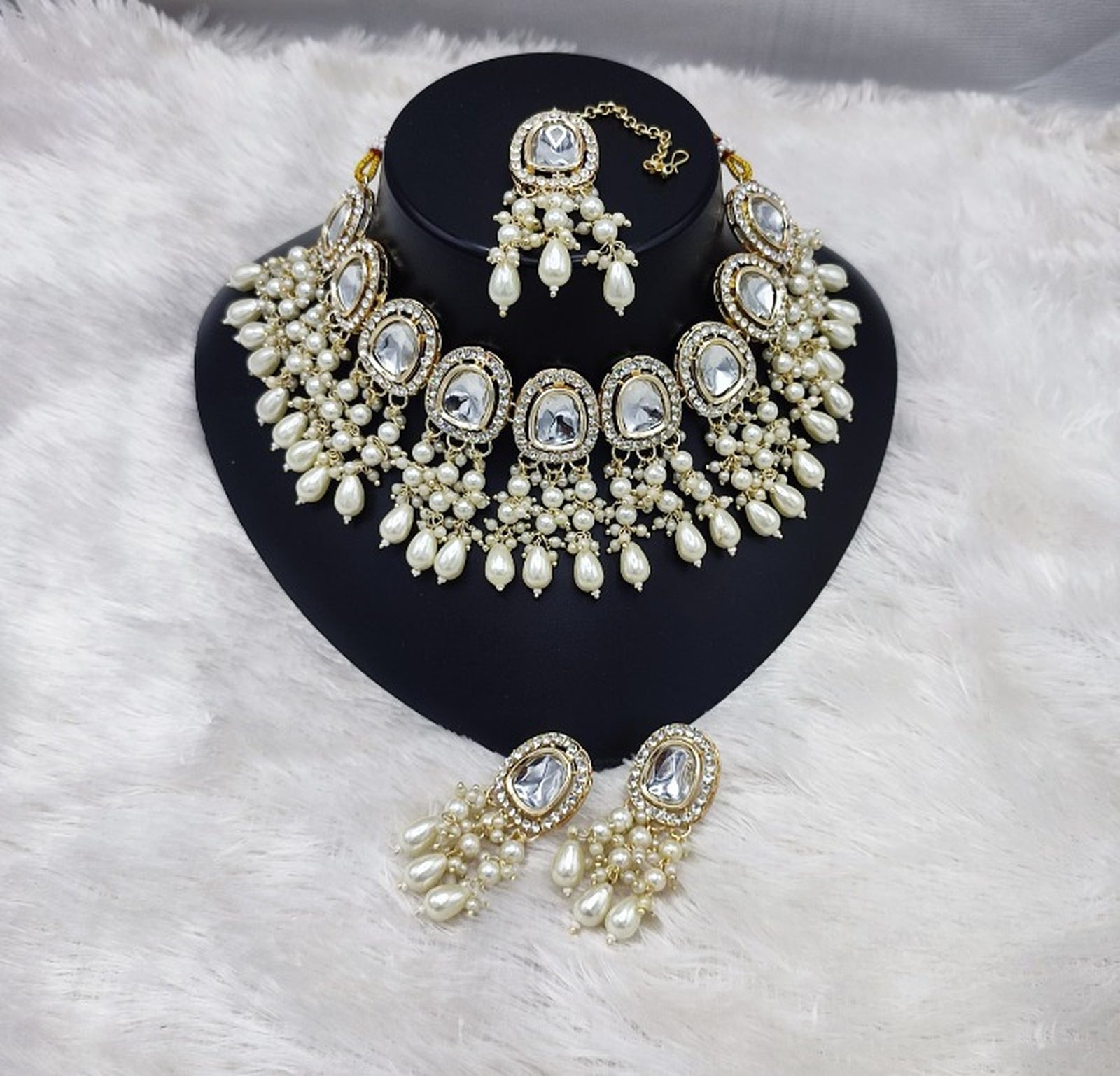 Jewel City Elegant Kundan Pearl Necklace Set with White Drops and Matching Tikka | Grocsy