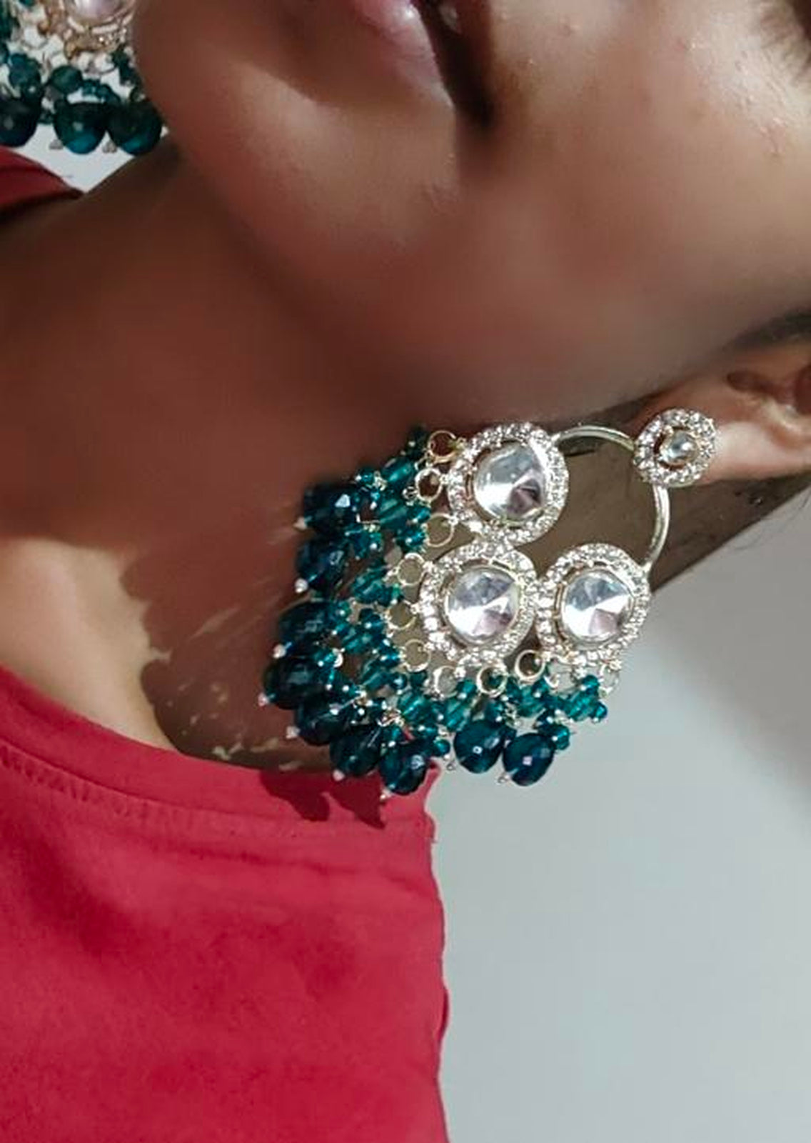 Jewel City Luxurious Polki Diamond and Rama Green Chandelier Earrings | Grocsy