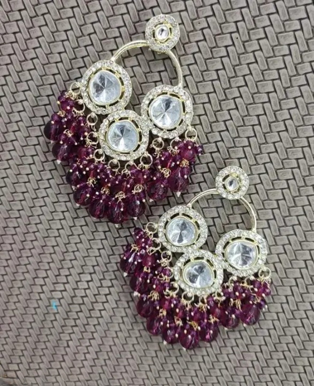 Jewel City Luxurious Polki Diamond and Wine Chandelier Earrings | Grocsy